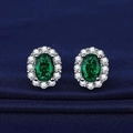 Elegant silver earrings featuring oval green gemstones surrounded by small white crystals - Emerald Earrings Tz-42