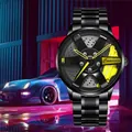 Men's black metal wheel hub watch with yellow brake caliper and TE37 SL rim design - T37 Black Steel Strap Hub Yellow