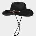 Black straw cowboy sun hat with braided brown leather belt and golden metal buckle - Black