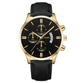 YOLAKO men's chronograph watch with black dial, gold case, and black leather strap - Black Dial Gold Case Black Strap