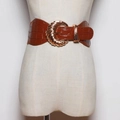 Detail of brown faux crocodile leather wide belt with decorative gold buckle on a mannequin - 60-80cm / Brown