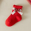 Red knit Christmas baby sock with a plaid and snowflake layered bow and lace trim - S (1-3 Years) / Red Snowflake Bow