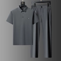 Men's dark gray seamless ice silk short sleeve Polo shirt and trousers casual set - XL/175 / Light Gray