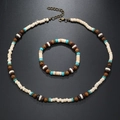 Set collana e bracciale bohémien da uomo con gusci di cocco e perline turchesi - Set Collana e Bracciale / Bianco con perline rotonde