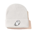 Close-up of white knitted beanie featuring detailed black ghost embroidery on the folded cuff - Embroidered Ghost / White