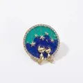 Cat and starry sky enamel brooch pin with sparkling rhinestones and golden trim - Cat in Starry Sky (YNCP6651)