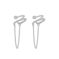 Details von silbernen Doppel-Ohrklemmen mit Zirkonia-Steinen und hängenden Ketten-Quasten - Silberne Doppelschicht Ohrklemme (JQH0109-SS)