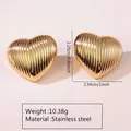 Golden heart stainless steel stud earrings with vertical striped texture in beach style - Striped Pleated Heart (FYD6083)