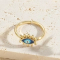 Golden Evil Eye open ring with blue and white enamel eyelashes and zircon accents - Royal Blue Enamel Ring