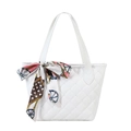 White quilted PU leather tote bag with elegant colorful printed silk scarf handle detail - White