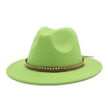 Detail of neon green wool fedora hat featuring brown braided band and gold bead accents - Fruit Green