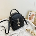 Mini black PU leather quilted backpack with a cute gold cat charm and versatile straps - Black