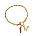 Golden twisted rope bracelet with red chili charm and crystal letter W pendant - Letter W