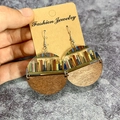 Detail of wooden and acrylic earrings with colorful book patterns and fishhook wires - Resin Splicing Semicircle Wood Earrings