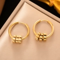 Minimalist gold hoop earrings featuring three geometric pendant charms in polished steel - Minimalist Geometric Block Hoop Earrings Gold