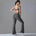 Deep grey backless yoga jumpsuit with ruched butt lift and flared leg details - Dark Gray