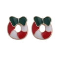 Christmas wreath stud earrings with red and green oil drip finish and golden bow detail - Christmas Wreath Style (F1333-2)