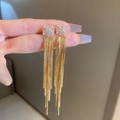 Elegant gold fringe earrings with fan-shaped crystal studs and long tassel drapes - Crystal Cluster Tassel / 36# Silver Earring Post-Golden Clover