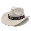 Detail of beige suede cowboy hat with vintage floral metal studs on brown leather band - Off-white Suede