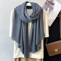 Dark grey pleated cotton linen scarf featuring unique texture and fringe edges - Gray