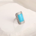 Adjustable silver steel ring with blue rectangular stone and dotted texture - Adjustable Open / Steel Color Square Blue