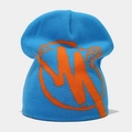 Close-up of sky blue knitted beanie with orange abstract pattern and textured knit - M(56-58cm) / Lake Blue/Orange
