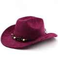 Detail of burgundy suede cowboy hat with wide brim and decorative wooden beads - M(56-58cm) / Burgundy