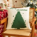 Witte fluwelen kerstkussensloop met geborduurde kerstboom op een houten stoel - 45*45cm Zonder Kern / Wit Vrolijk Kerstfeest (Fluweel)