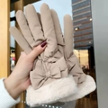 Winter warm suede gloves in beige featuring a decorative bow and faux fur cuffs - One Size / Khaki Large Bowknot