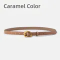 Caramel genuine leather thin waist belt for women with golden oval buckle finish - 105cm / Caramel color
