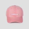 Vintage pink washed denim baseball cap with white CONQUER embroidery and adjustable strap - M (56-58cm) / Pink