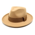 Detailed view of khaki wool felt fedora featuring a classic brown woven decorative band - M (56-58cm) / Camel