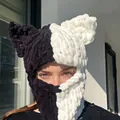 Handmade black and white split knit balaclava with cute cat ears for winter warmth - 57-59cm / Black White Split Cat Ears