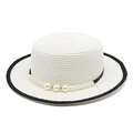 Cappello di paglia bianco stile francese con bordo nero e catena di perle eleganti - M (56-58cm) / Bianco