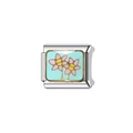Italian modular charm in stainless steel with colorful pink enamel flowers and blue background - Two Pink Flowers (Y158) / Silver