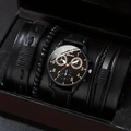 Close-up of a men's black quartz watch set with matching beaded bracelets in a gift box - Simple Black Set S00127-1 (Watch And Bracelets)