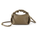 Brown woven leather handbag with pleated handle and adjustable crossbody strap - Camel