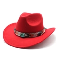 Detail of red felt cowboy hat featuring ethnic woven band and turquoise studs - M (56-58cm) / Red
