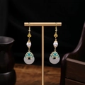 Traditional Chinese beaded tassel earrings with white pearls and green enamel flowers - New Chinese Enamel Green Beaded Style (E2319-3)