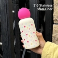 Cream 350ml 316 stainless steel vacuum flask with pink polka dots and bow pattern - 350ml / Fluorescent Rose Red Lid / Cream Polka Dot Bow
