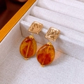 Detail of vintage earrings with gold hammered square metal and amber resin drops - 83# Silver Post Style (83#)