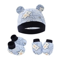 Set neonato con cappellino, muffole e scarpine in cotone azzurro con orsetti - Set da 3 Pezzi Orso Fondo Blu