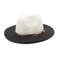 Detail of two-tone woven straw panama hat with elegant gold buckle and black wide brim - M(56-58cm) / Milk White & Black