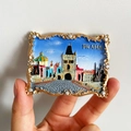 3D relief Prague souvenir fridge magnet with golden frame and sparkling crystal accents - (96) Prague Photo Frame