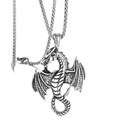Punk vintage stainless steel silver dragon pendant necklace with box chain for men - Flying Western Dragon