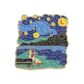 Cartoon Van Gogh Starry Night enamel brooch with couple on a bench and gold metal edges - Cloudy Starry Bench Couple (xz9457)