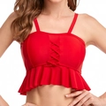 Women's vibrant red tankini bikini top with cross-tie front and ruffled hem detailing - Red Criss-Cross