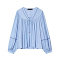 Conjunto de camisa de gasa azul claro con cuello en V y pantalón con encaje y pliegues - XS / Top azul cielo