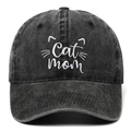 Black washed cotton baseball cap featuring white Cat Mom embroidery and cat ears design - One Size / Black