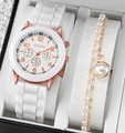Elegant white faux leather strap watch and double-layer pearl bracelet set in gift box - Double Layer Pearl Bracelet / White + Bracelet